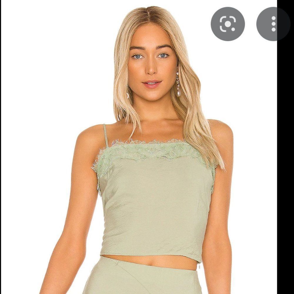 VINCE Lace Trim Cami Jade Hammered Satin Twill Square Neck Camisole Eyelash NWT